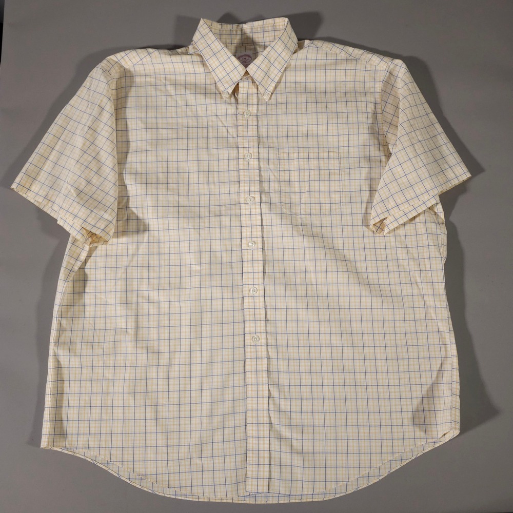 Brooks Brothers Button Down Shirt Mens XXL Yellow Blue Plaid Short Sleeve 346